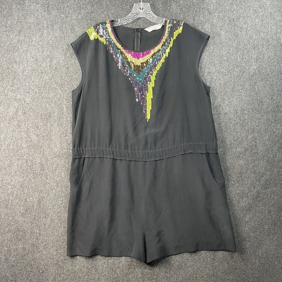 Trina Turk Size Romper Shorts Black Silk Embroidered Sequin Size Large? - Picture 1 of 9